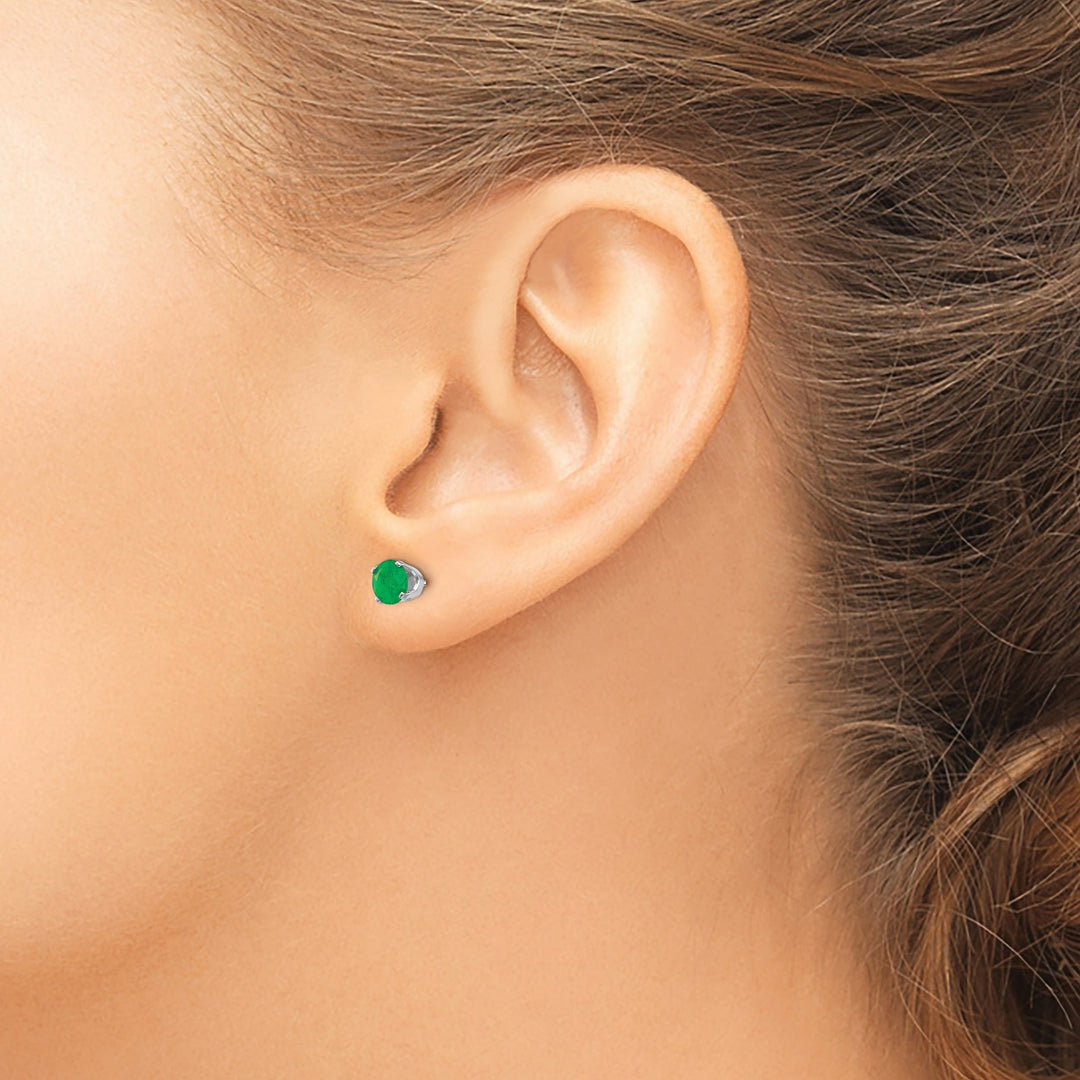 14k White Gold Round Emerald Birthstone Earrings