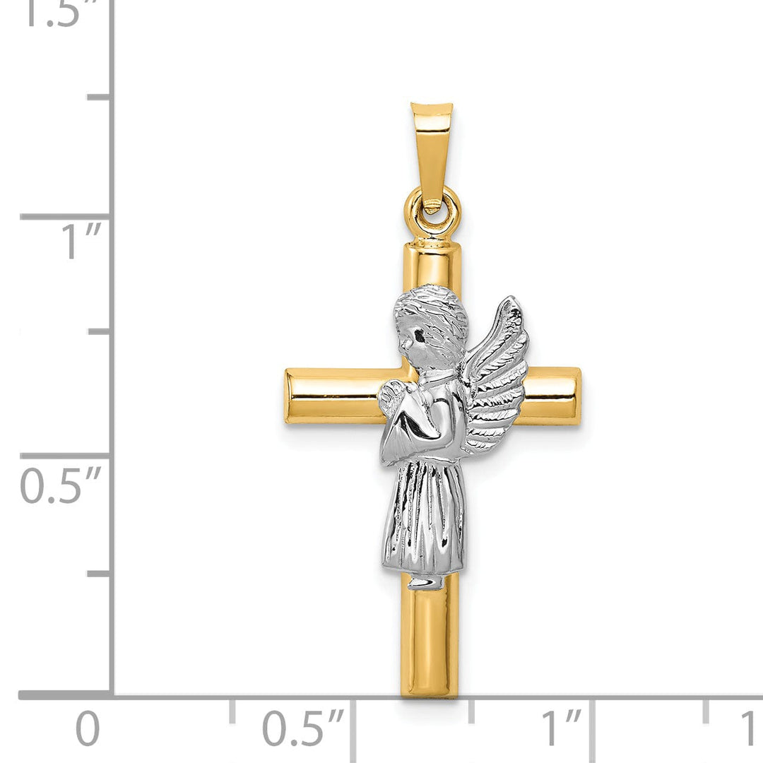 14K Yellow White Gold Polished Finish Hollow Angel on Cross Pendant