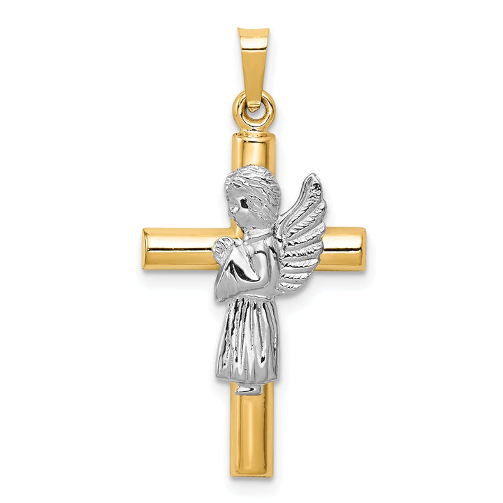 14K Yellow White Gold Polished Finish Hollow Angel on Cross Pendant