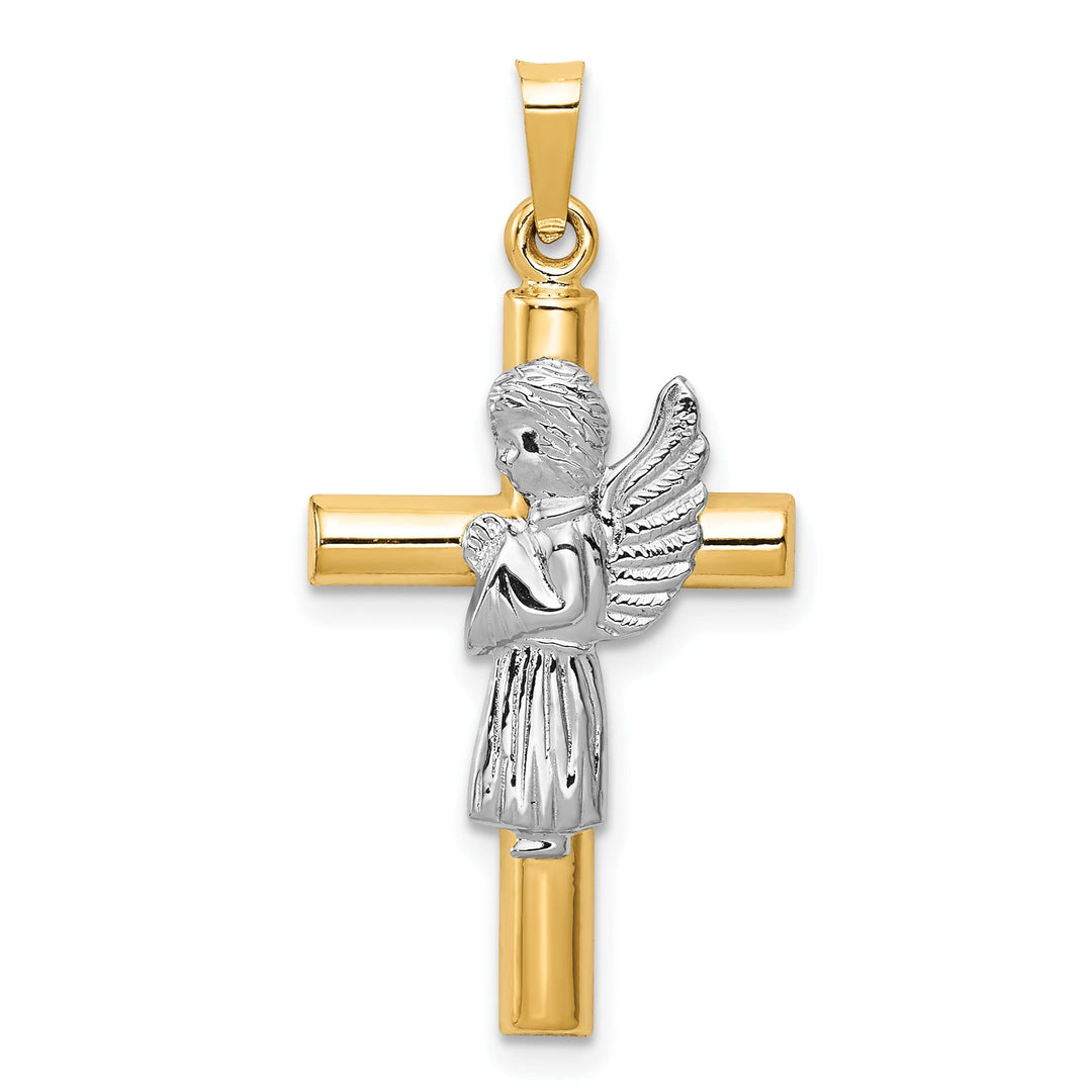 14K Yellow White Gold Polished Finish Hollow Angel on Cross Pendant