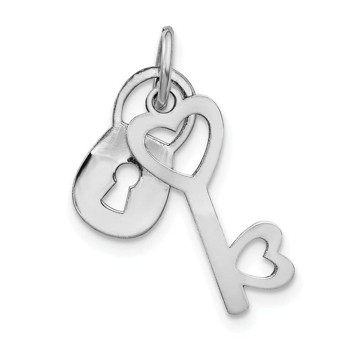 14K White Gold Rhodium Moveable Key and Heart Lock Charm Pendant