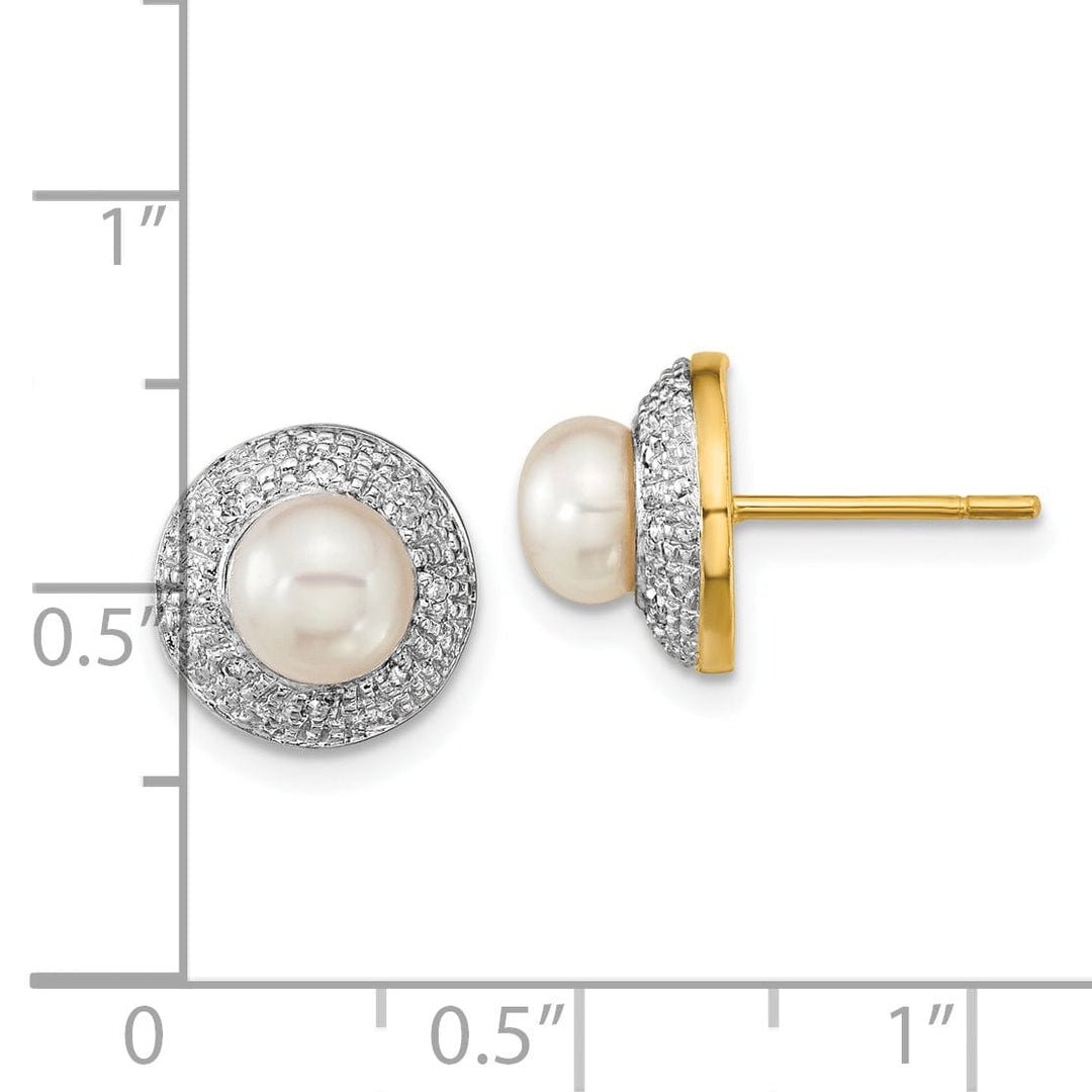 14k Yellow Rhodium Pearl Diamond Post Earrings