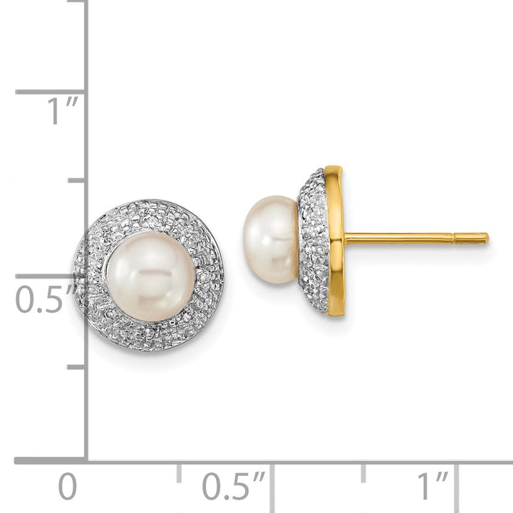 14k Yellow Rhodium Pearl Diamond Post Earrings