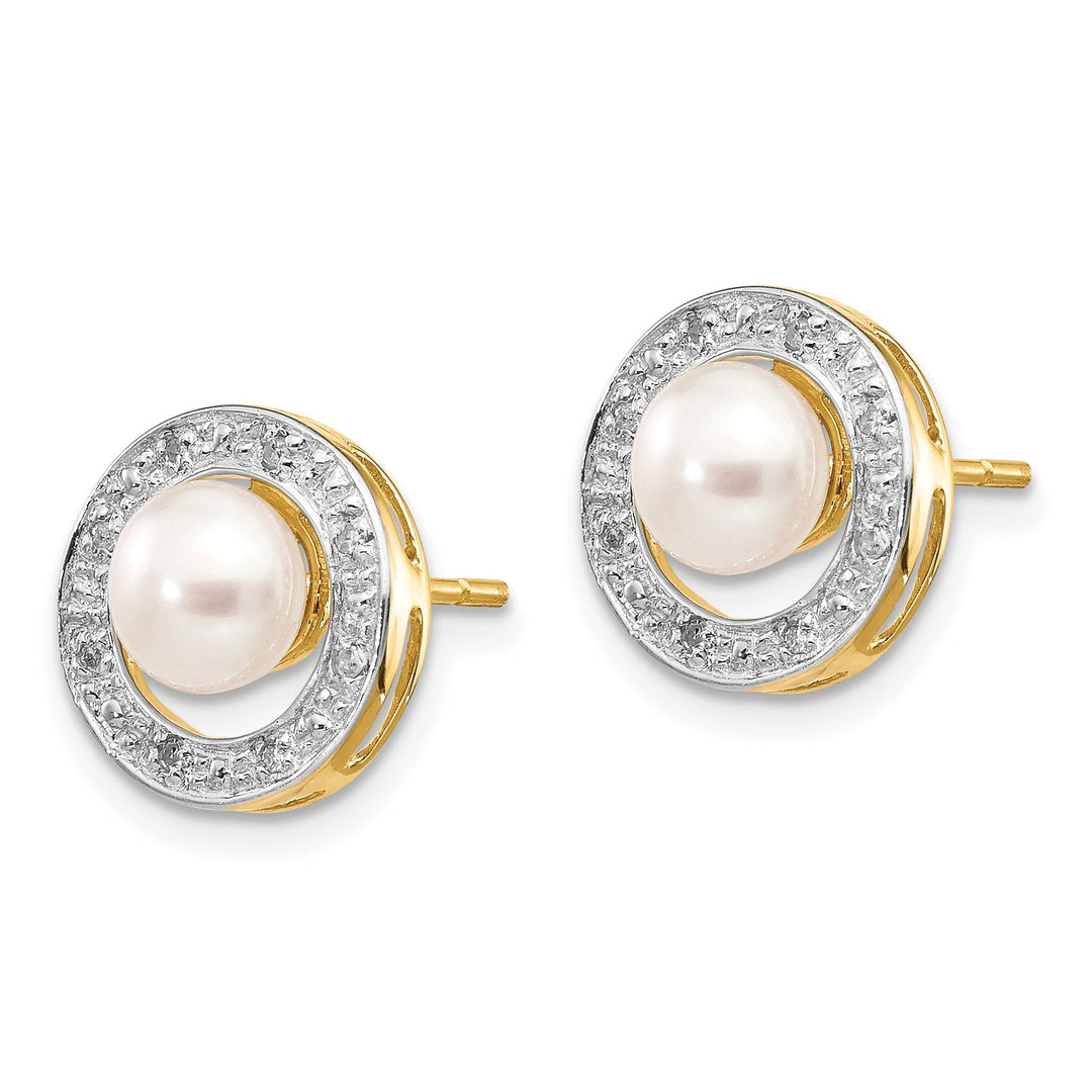 14k Yellow Rhodium Pearl Diamond Post Earrings