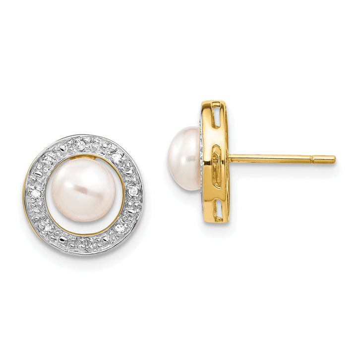 14k Yellow Rhodium Pearl Diamond Post Earrings