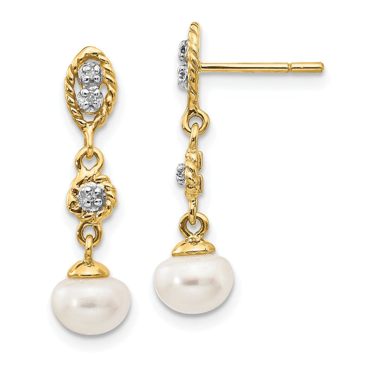 14k Yellow Rhodium Pearl Diamond Post Earrings