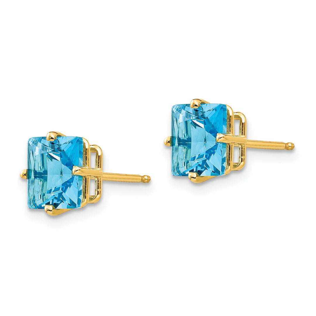 14k Yellow Gold 7MM Princess Cut Blue Topaz Earrin