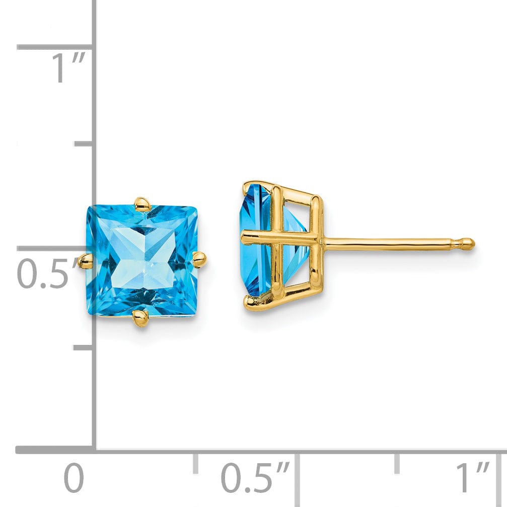 14k Yellow Gold 7MM Princess Cut Blue Topaz Earrin