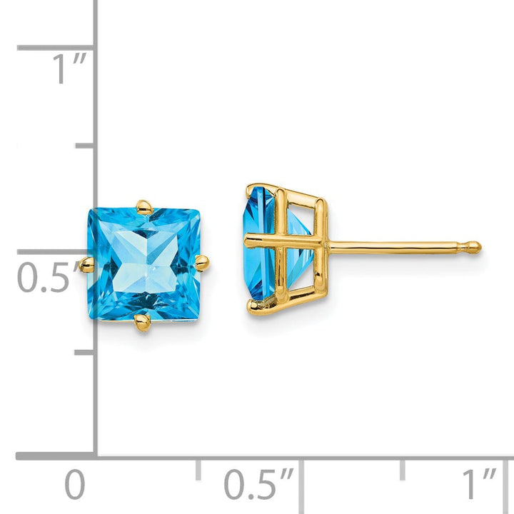 14k Yellow Gold 7MM Princess Cut Blue Topaz Earrin