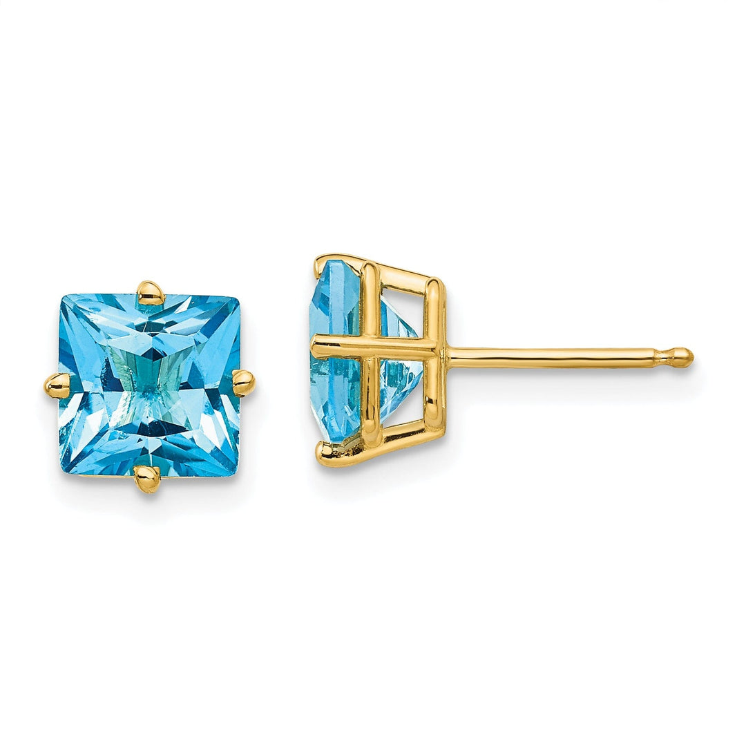 14k Yellow Gold 7MM Princess Cut Blue Topaz Earrin