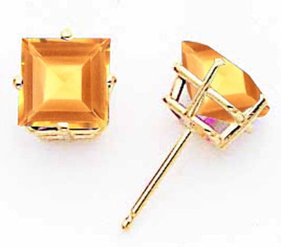 14k Yellow Gold 7MM Princess Cut Citrine Earring