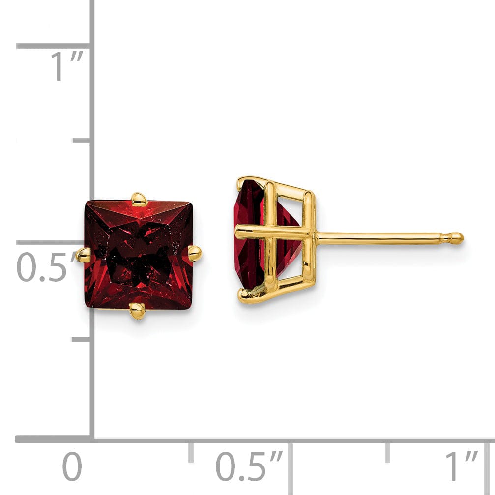 14k Yellow Gold 7MM Princess Cut Garnet Earring