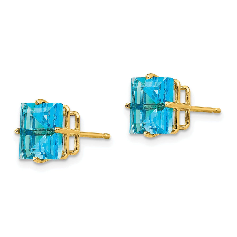 14k Yellow Gold 8MM Princess Cut Blue Topaz Earrin