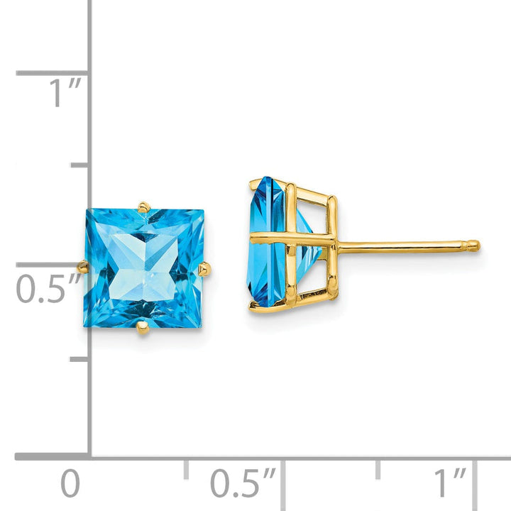 14k Yellow Gold 8MM Princess Cut Blue Topaz Earrin