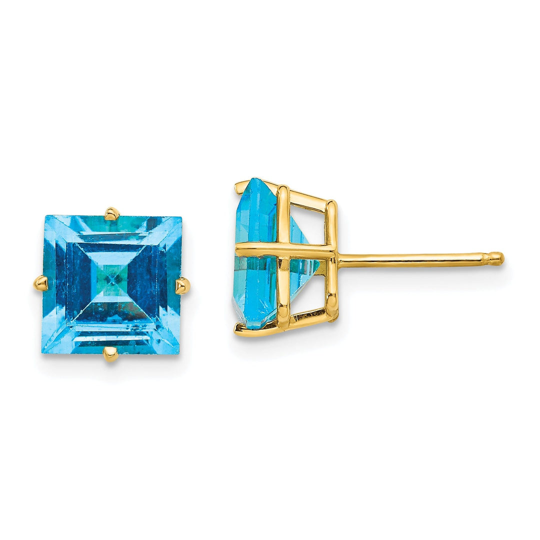 14k Yellow Gold 8MM Princess Cut Blue Topaz Earrin