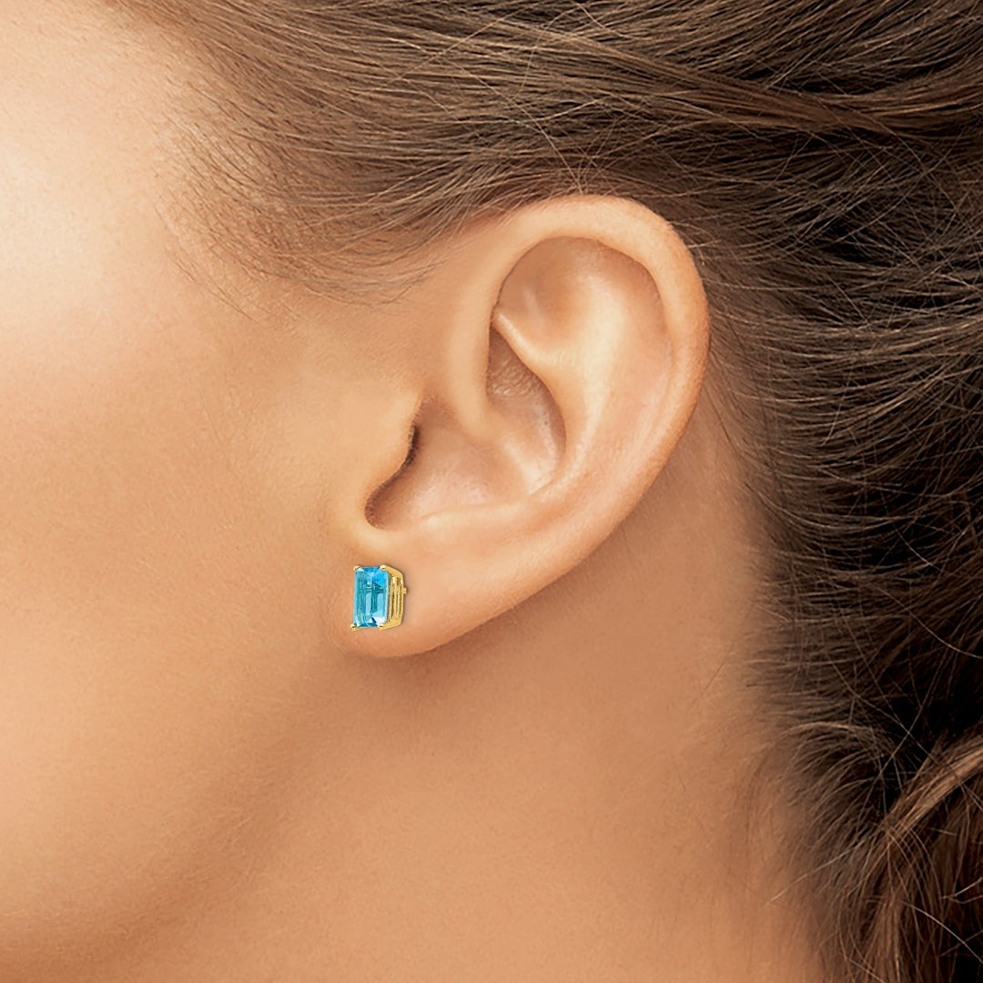 14k Yellow Gold Emerald Cut Blue Topaz Earring