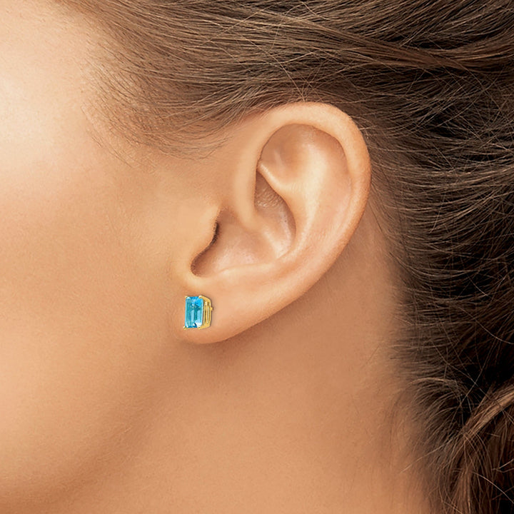 14k Yellow Gold Emerald Cut Blue Topaz Earring