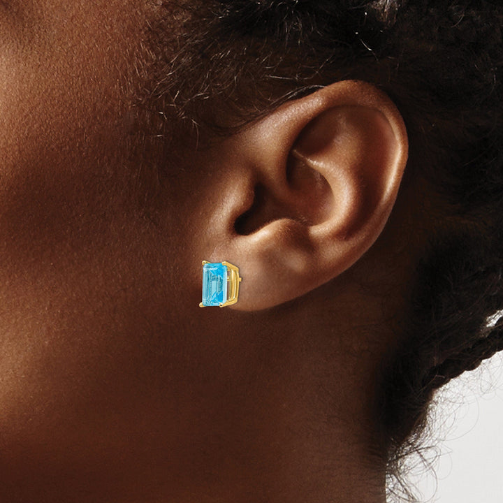 14k Yellow Gold Emerald Cut Blue Topaz Earring
