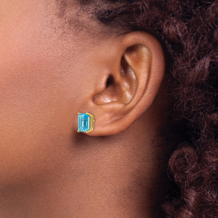 14k Yellow Gold Emerald Cut Blue Topaz Earring