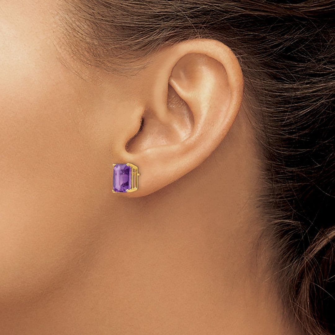 14k Yellow Gold Emerald Cut Amethyst Earring