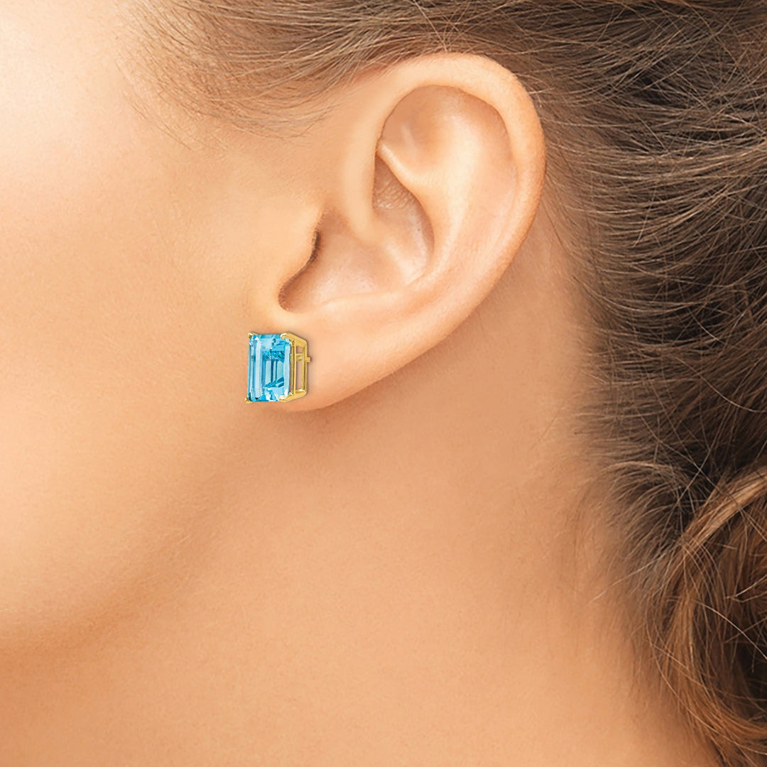 14k Yellow Gold Emerald Cut Blue Topaz Earring