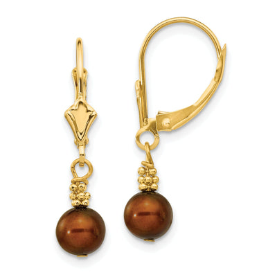 14k Yellow Gold Chocolate Pearl Leverback Earrings