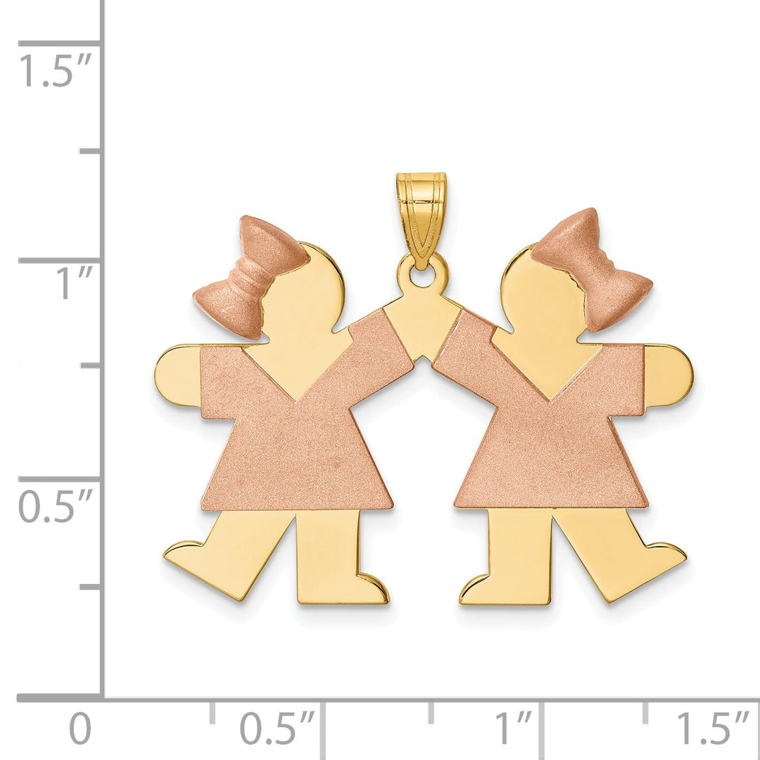 14k Two-tone Large Twin Girls With Bows Kiss Charm