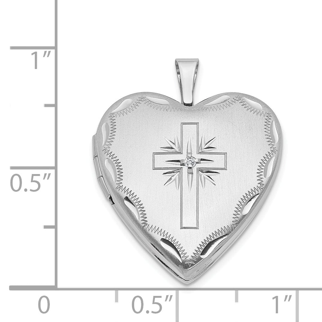 14k White Gold 20MM Diamond Set Cross Heart Locket