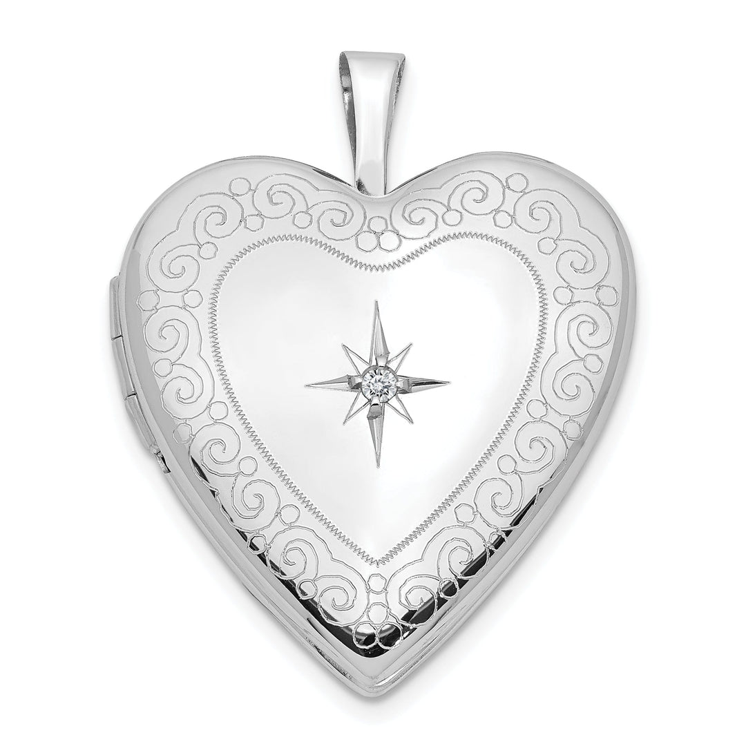14k White Gold 20MM Swirls Diamond Heart Locket