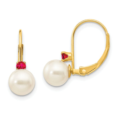 14k Yellow Gold Cultured Pearl Ruby Earrings