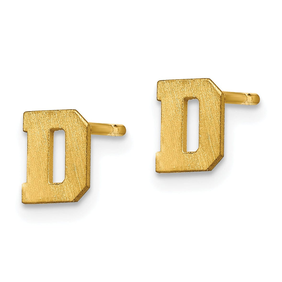 14K Yellow Gold Script Satin Brushed Finish Letter D Initial Earrings