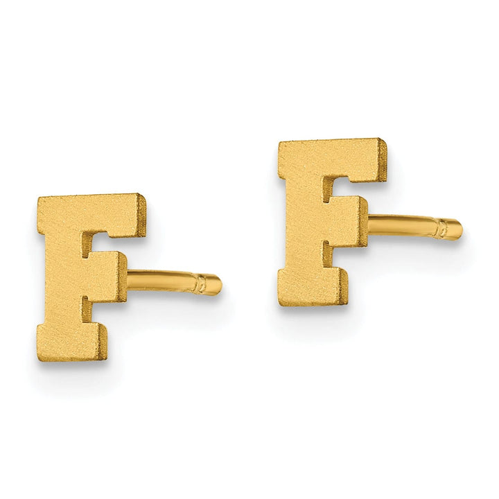 14K Yellow Gold Script Satin Brushed Finish Letter F Initial Earrings
