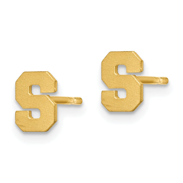 14K Yellow Gold Script Satin Brushed Finish Letter S Initial Earrings