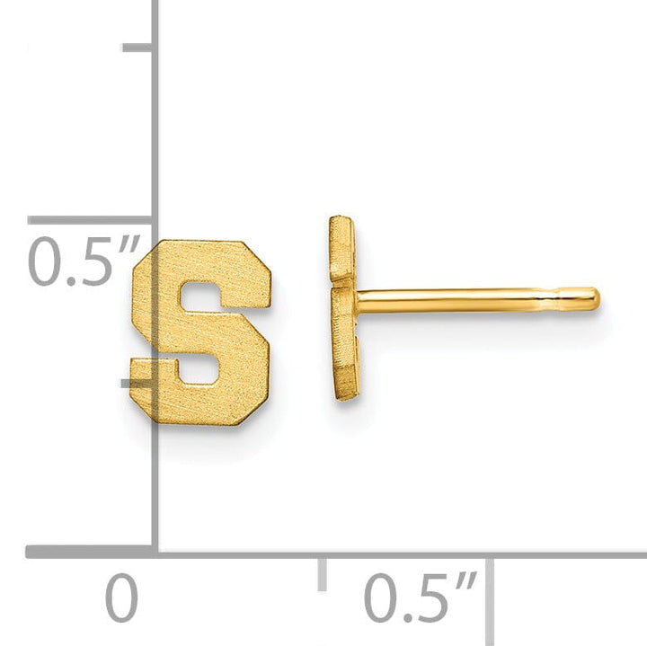 14K Yellow Gold Script Satin Brushed Finish Letter S Initial Earrings