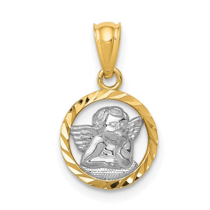 14K Yellow Gold White Rhodium Polished D.C Finish Angle Cherub Pendant