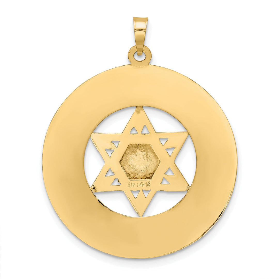 14k Yellow Gold Unisex Solid Star and Torah Inside Disc Frame Pendant