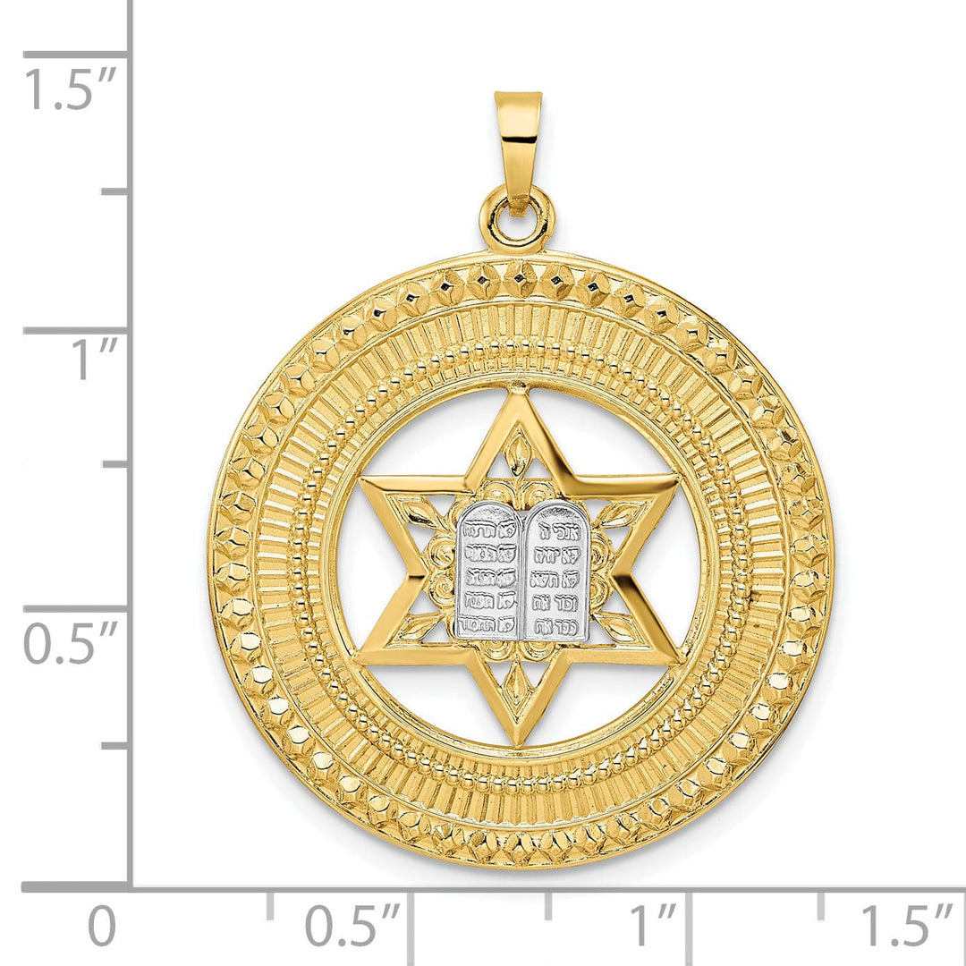 14k Yellow Gold Unisex Solid Star and Torah Inside Disc Frame Pendant