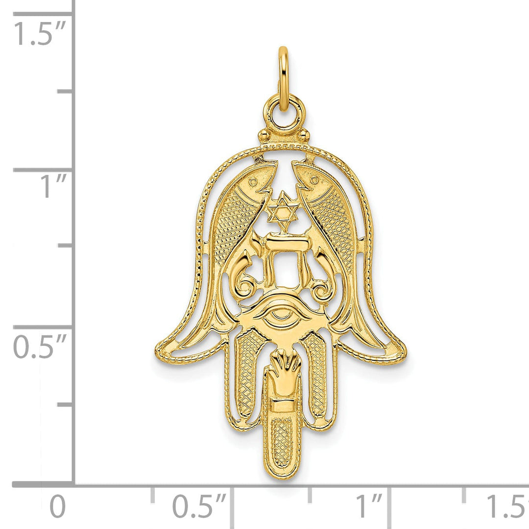14k Yellow Gold Unisex Hamsa with Fish Evil Eye Design Charm Pendant