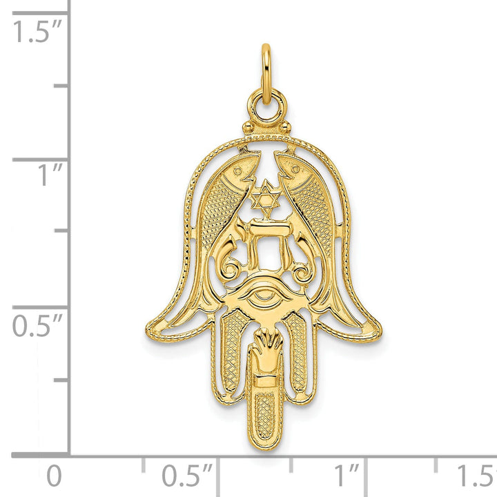 14k Yellow Gold Unisex Hamsa with Fish Evil Eye Design Charm Pendant