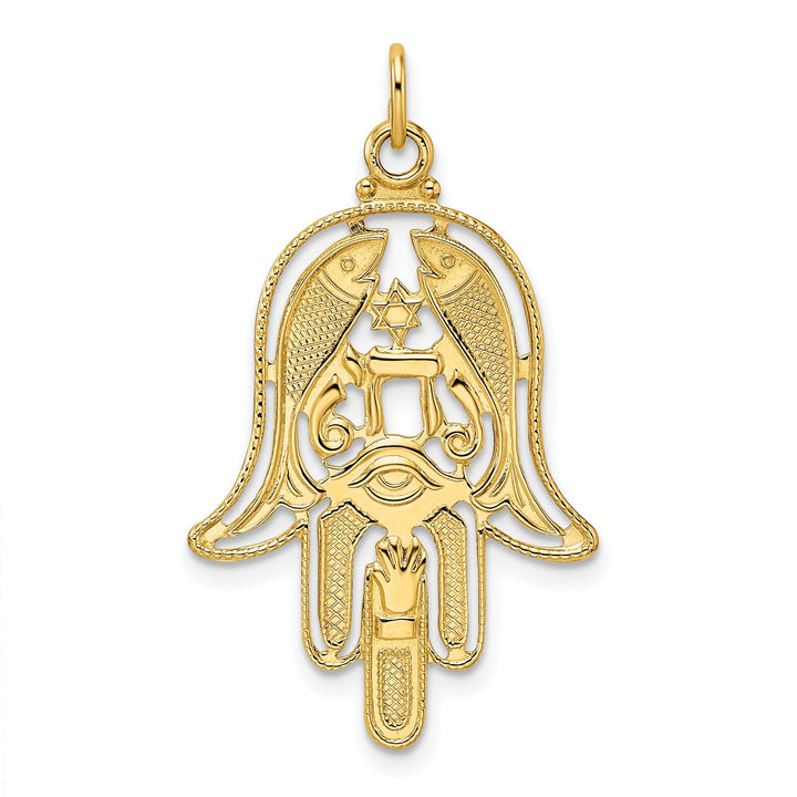 14k Yellow Gold Unisex Hamsa with Fish Evil Eye Design Charm Pendant