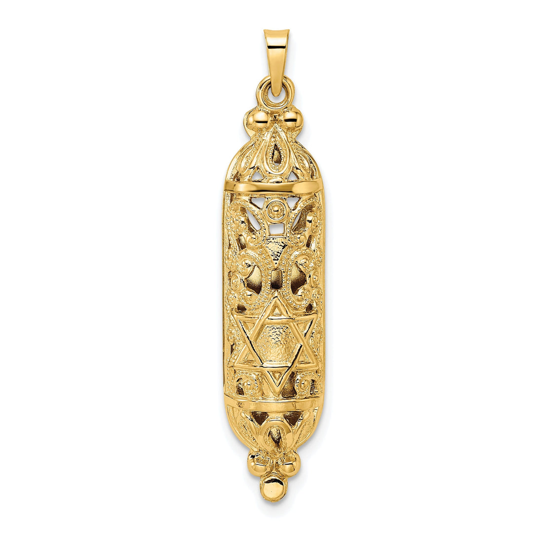 14k Yellow Gold Unisex Solid Mezuzah with Star of David Pendant