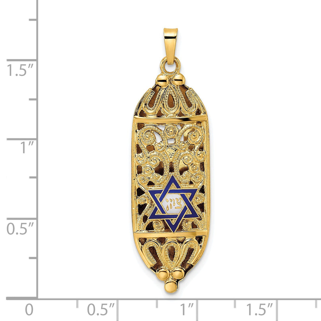 14k Yellow Gold Blue Enamel Unisex Mezuzah with Star of David Pendant