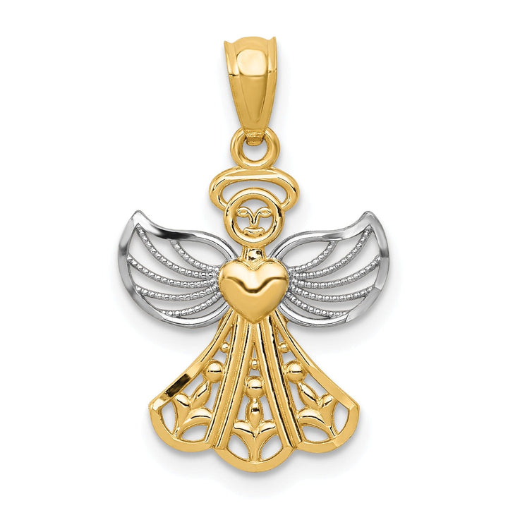 14k Yellow Gold White Rhodium Concave Filigree Angel With Heart Pendant