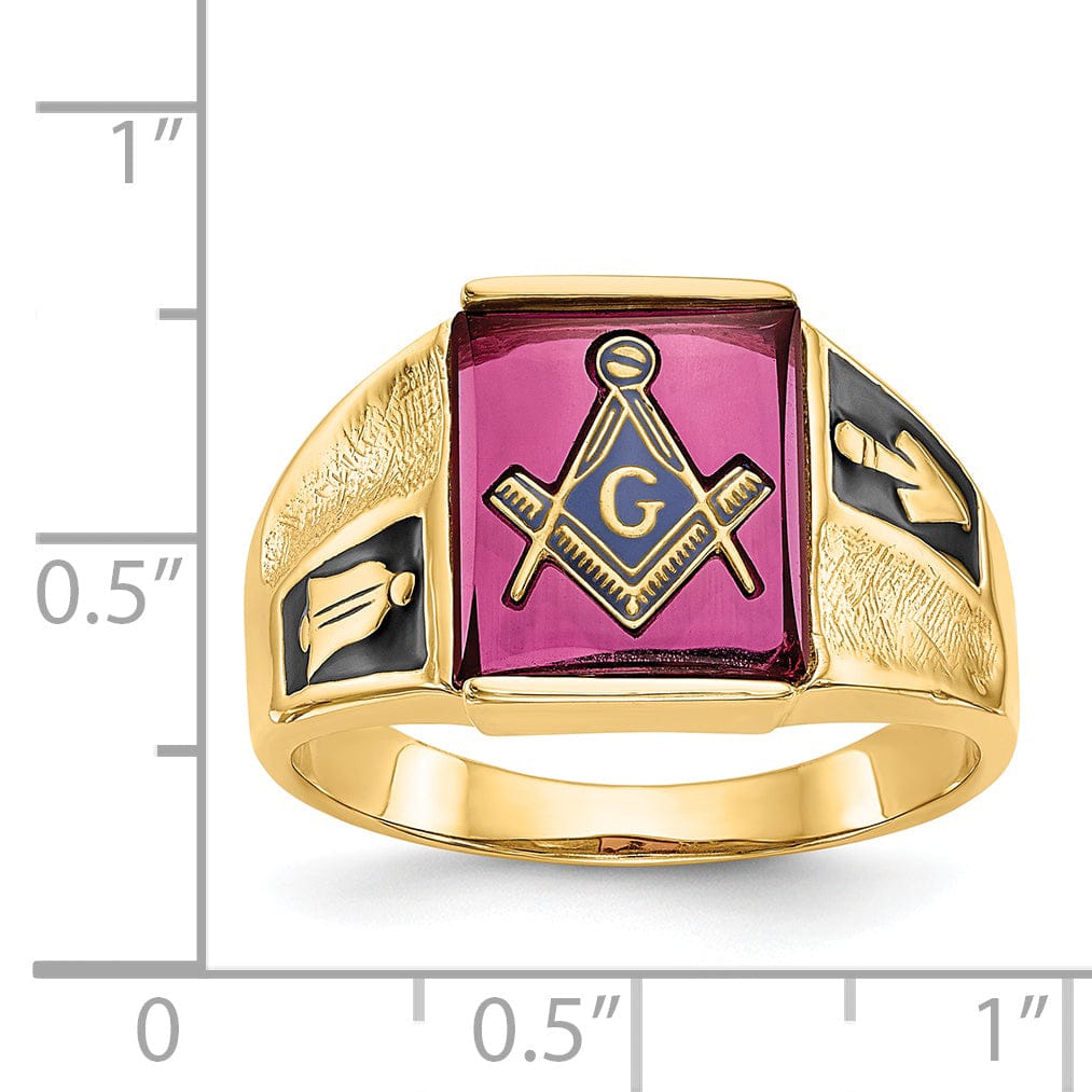 14k Yellow Gold Men's Synthetic Ruby Masonic Ring