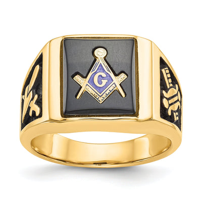 14k Yellow Gold Men's Synthetic Ruby Masonic Ring