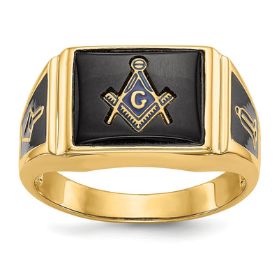 14k Yellow Gold Diamond Men's Onyx Masonic Ring