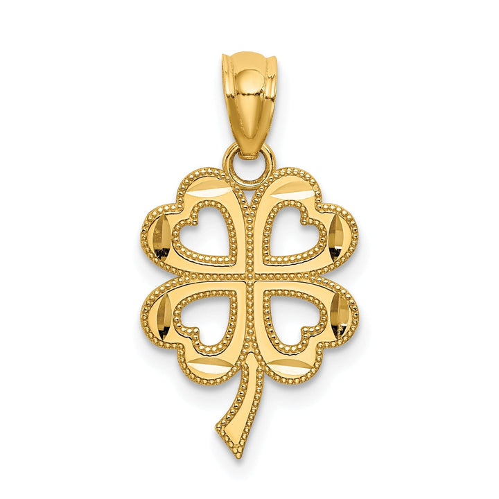 14k Yellow Gold Solid Polished Textured Diamond Cut Finish 4-Leaf Clover Design Charm Pendant