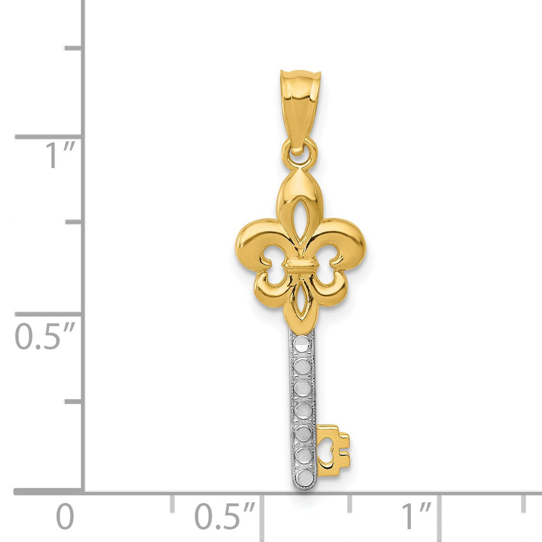 14K Yellow Gold Solid Fleur De Lis Key Charm Pendant