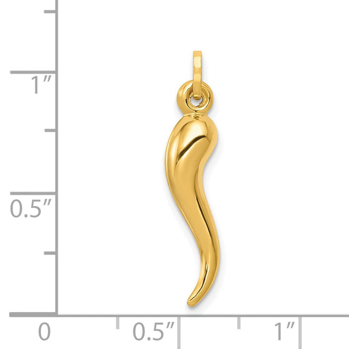 14k Yellow Gold Hollow Polished Finish 3-Dimensional Italian Horn Charm Pendant