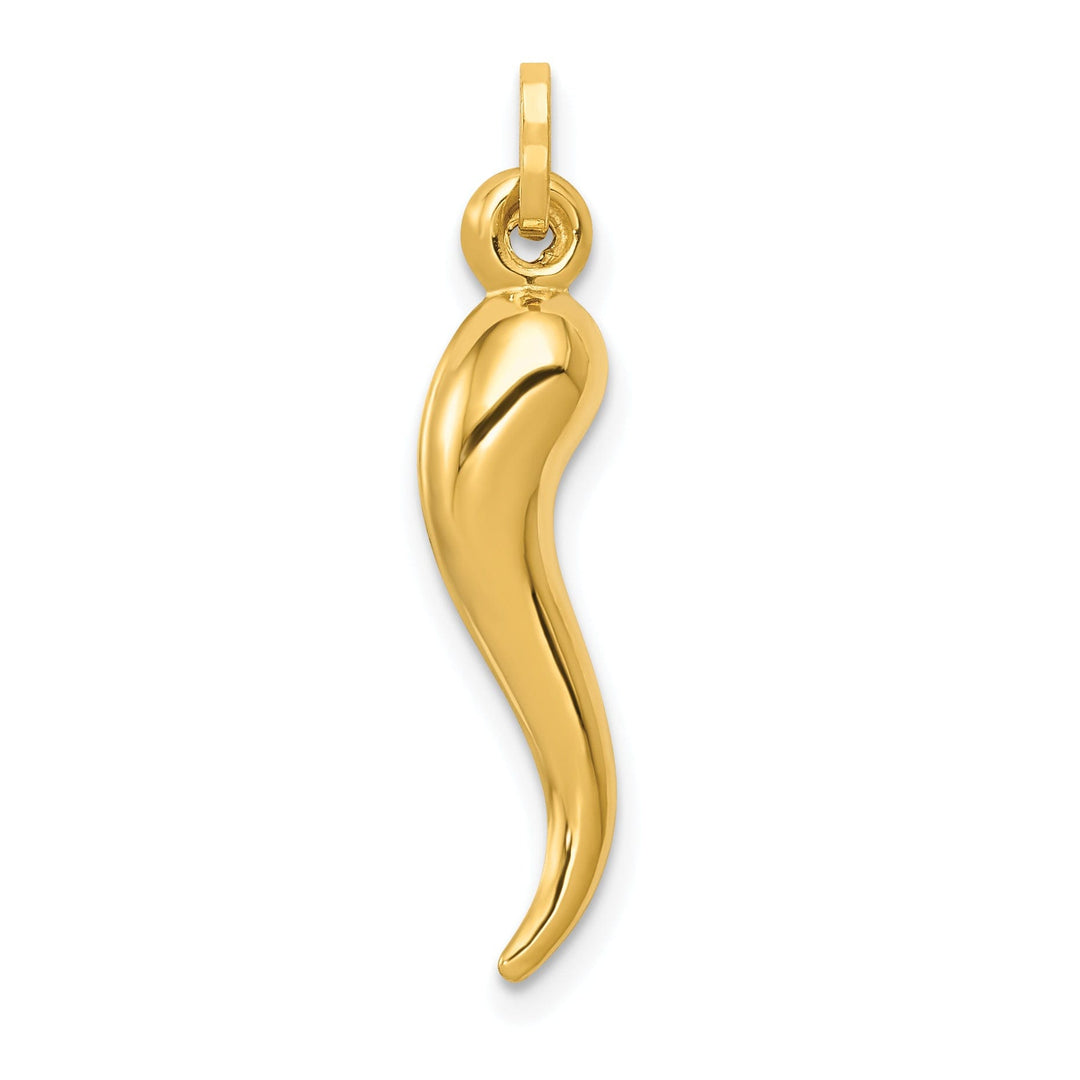 14k Yellow Gold Hollow Polished Finish 3-Dimensional Italian Horn Charm Pendant